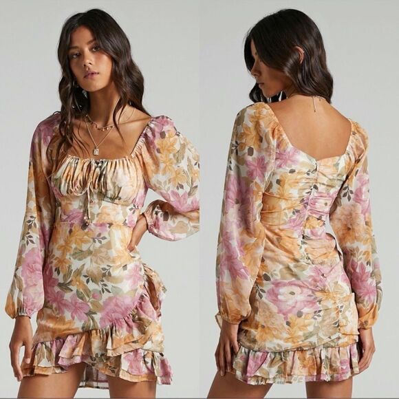 Showpo Floral Grizela Mini Dress NEW Size 12 Pink Long Sleeves - Picture 3 of 11